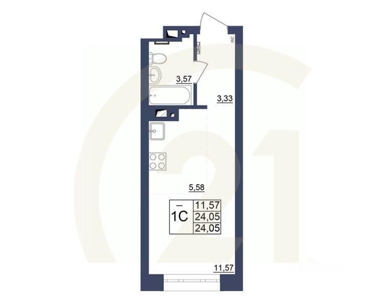 1-комн, 24,14 м²в ЖК «Космос»