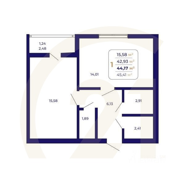 1-комн. квартира, 44,17 м²в ЖК «Паруса»