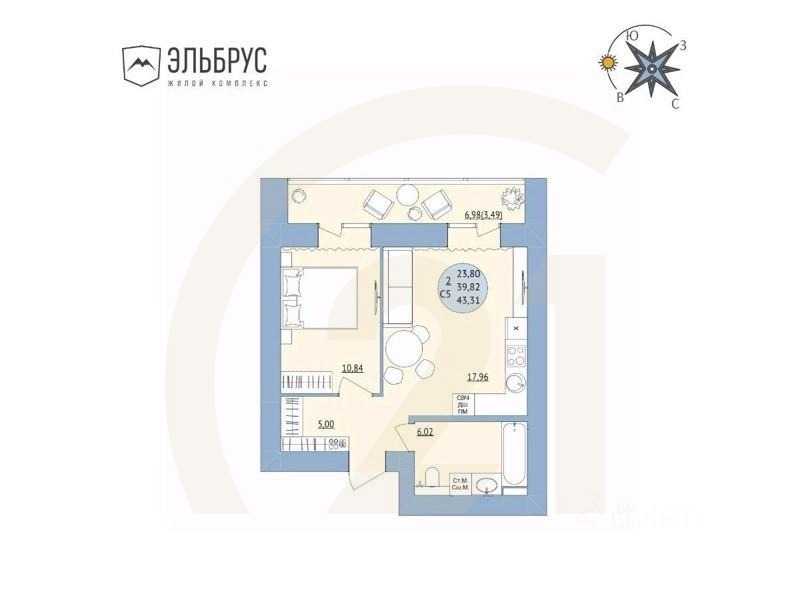 2-комн. квартира, 43,31 м²в ЖК «Эльбрус»
