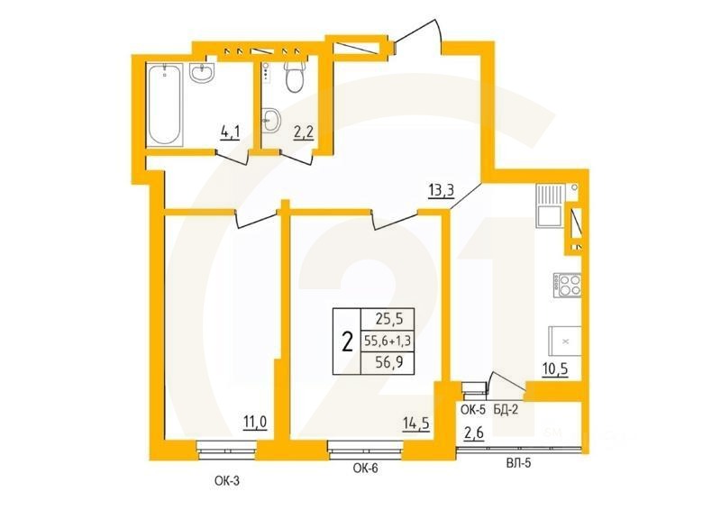 2-комн. квартира, 56,6 м²