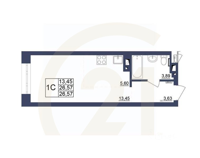 1-комн, 26,66 м²в ЖК «Космос»