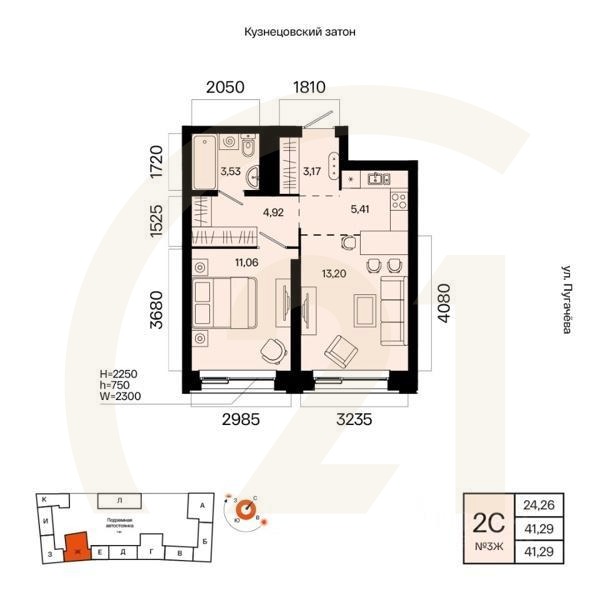2-комн. квартира, 41,29 м²в ЖК «Первый остров»