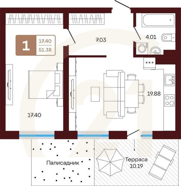 1-комн, 51,38 м²в ЖК «ЯРАТАУ»