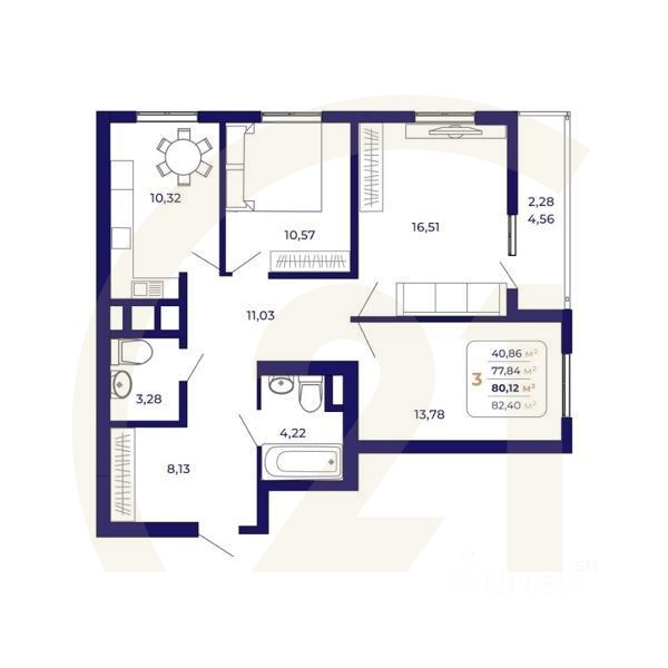 3-комн. квартира, 80,12 м²в ЖК «Паруса»