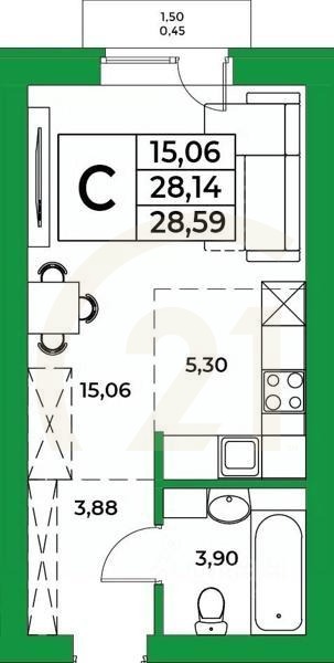Студия, 28,59 м²