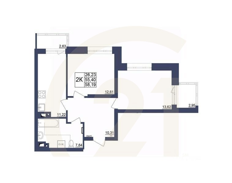 2-комн. квартира, 58,19 м²