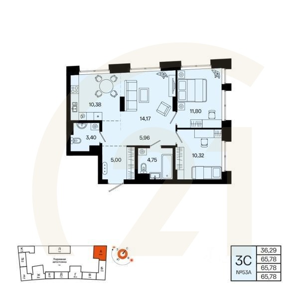 3-комн. квартира, 65,78 м²в ЖК «Первый остров»