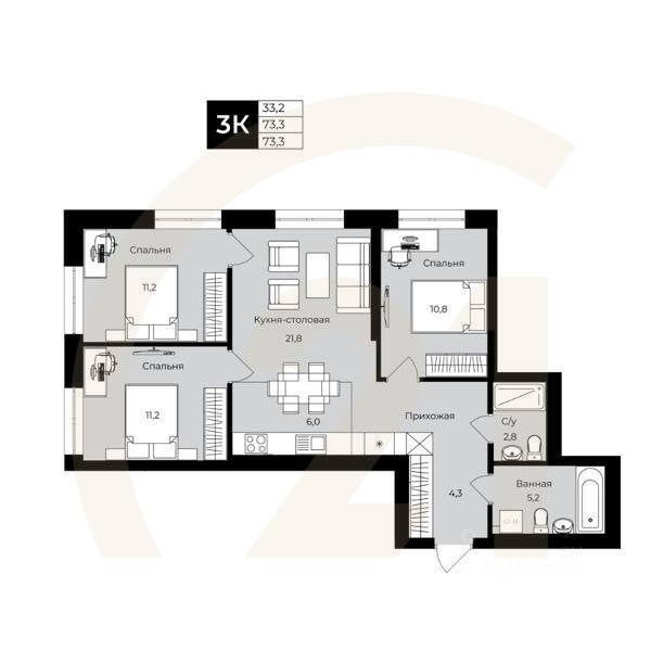 3-комн. квартира, 73,3 м²в ЖК «Ленинские высотки»