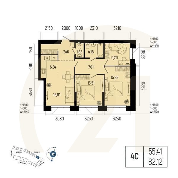 4-комн. квартира, 82,12 м²в ЖК «Новатор»