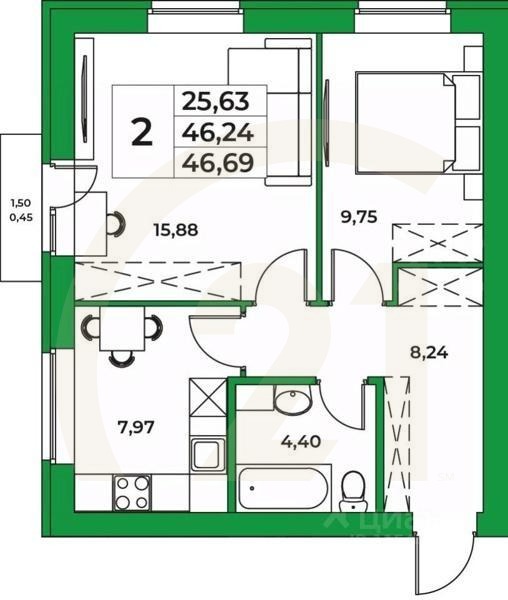 2-комн. квартира, 46,69 м²