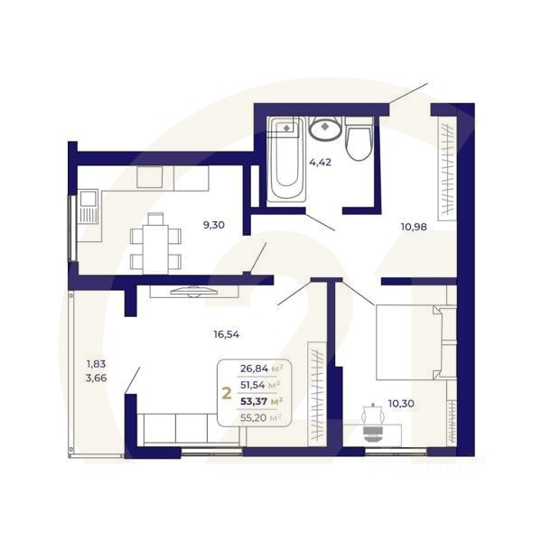 2-комн. квартира, 53,37 м²в ЖК «Паруса»