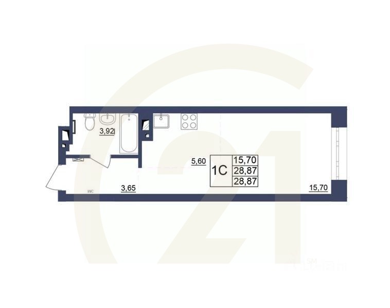 1-комн, 28,69 м²в ЖК «Космос»