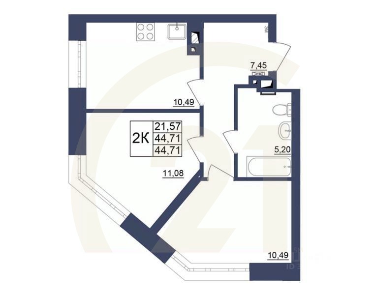 2-комн. квартира, 44,71 м²в ЖК «Космос»