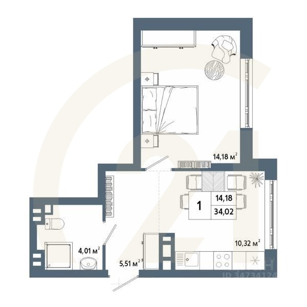 1-комн. квартира, 34,09 м²в ЖК «Крылья»