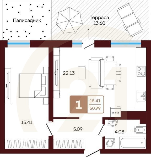 1-комн, 41,73 м²в ЖК «ЯРАТАУ»