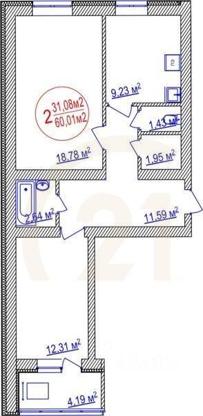 2-комн. квартира, 60,01 м²в ЖК «Семейный»