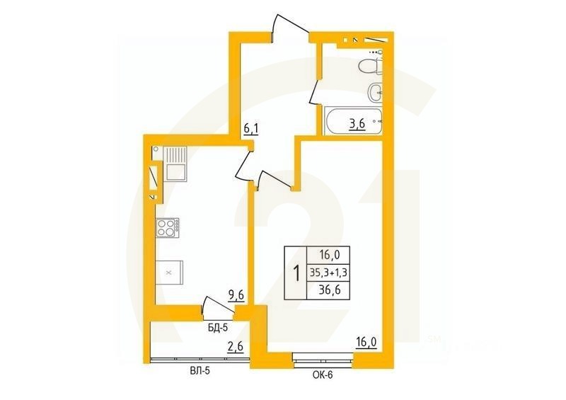 1-комн. квартира, 36,3 м²