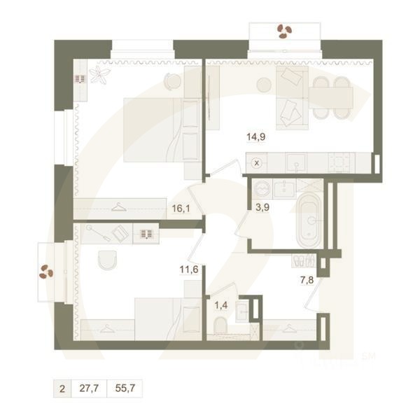 2-комн. квартира, 55,7 м²в ЖК «Квартал «Родина Парк»