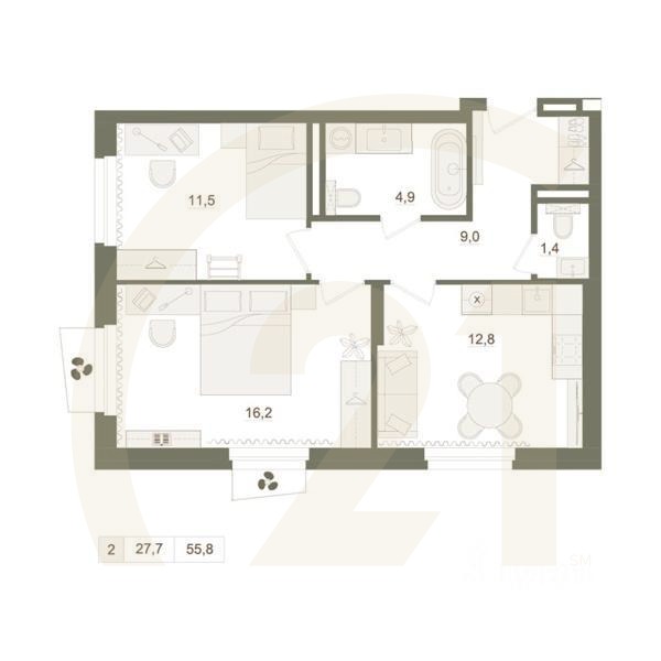 2-комн. квартира, 55,8 м²в ЖК «Квартал «Родина Парк»