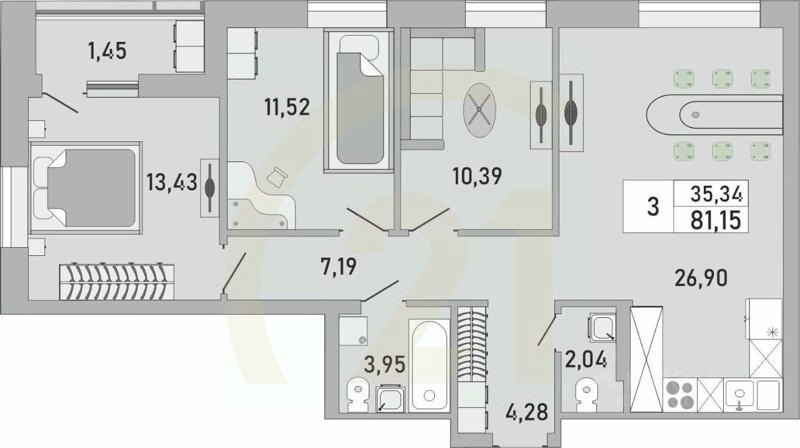 3-комн. квартира, 81,15 м²в ЖК «Платинум»