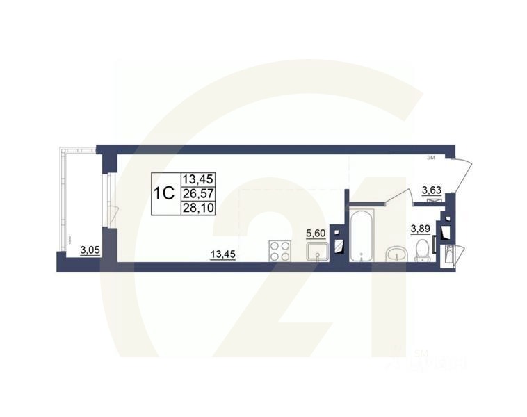 1-комн, 28,1 м²в ЖК «Космос»
