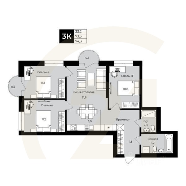 3-комн. квартира, 73,3 м²в ЖК «Ленинские высотки»
