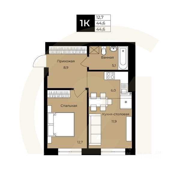 1-комн. квартира, 44,6 м²в ЖК «Ленинские высотки»