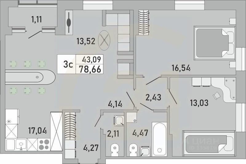 3-комн. квартира, 78,66 м²в ЖК «Платинум»