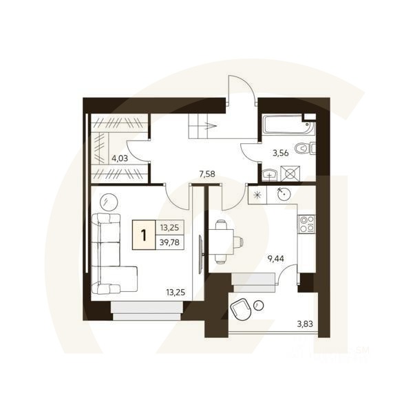 1-комн. квартира, 42,96 м²в ЖК «MATUR»