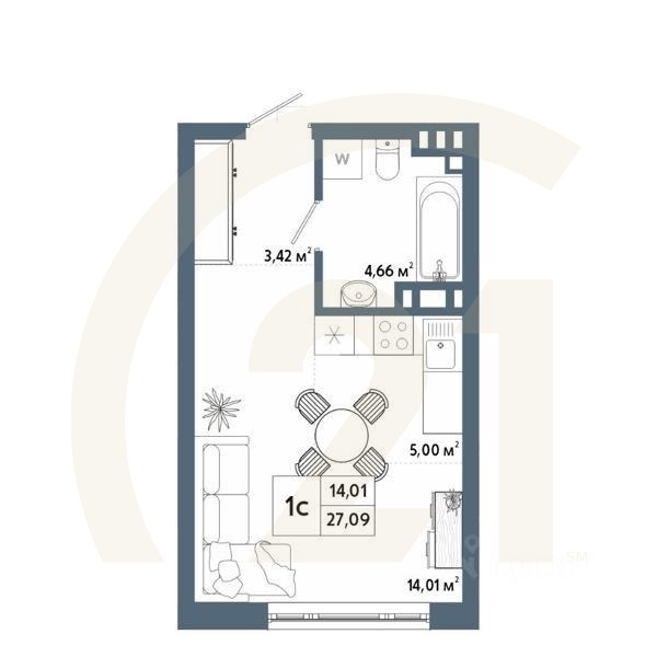 1-комн, 27 м²в ЖК «Крылья»