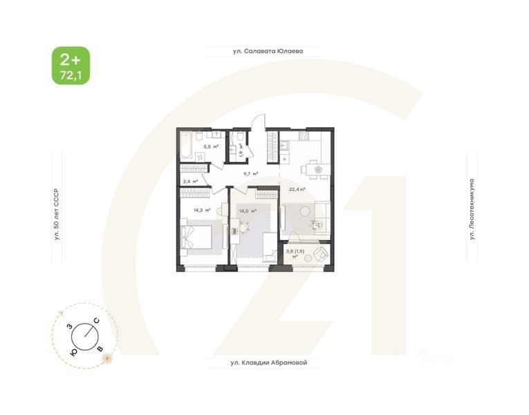2-комн. квартира, 72,1 м²в ЖК «Бионика Парк»