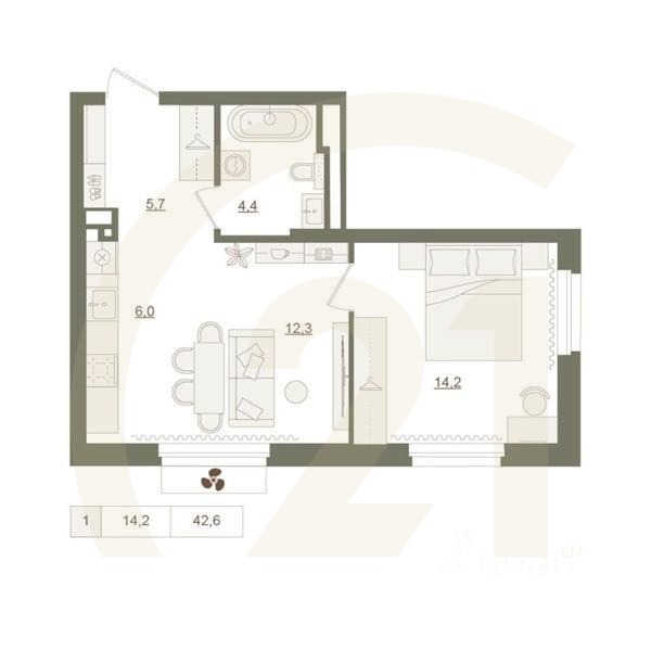 1-комн. квартира, 42,6 м²в ЖК «Квартал «Родина Парк»
