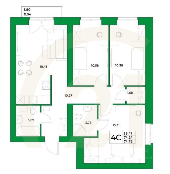 4-комн, 74,78 м²