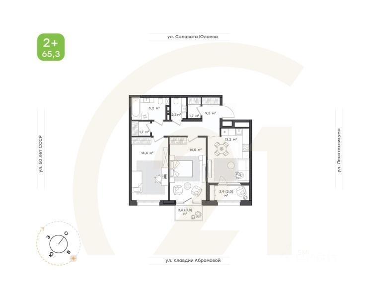 2-комн. квартира, 65,3 м²в ЖК «Бионика Парк»