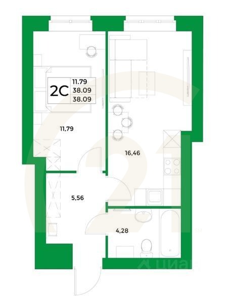 2-комн, 38,09 м²