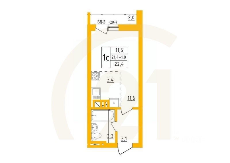 1-комн, 22,3 м²