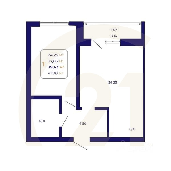 1-комн. квартира, 39,43 м²в ЖК «Паруса»