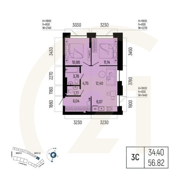 3-комн. квартира, 56,82 м²в ЖК «Новатор»
