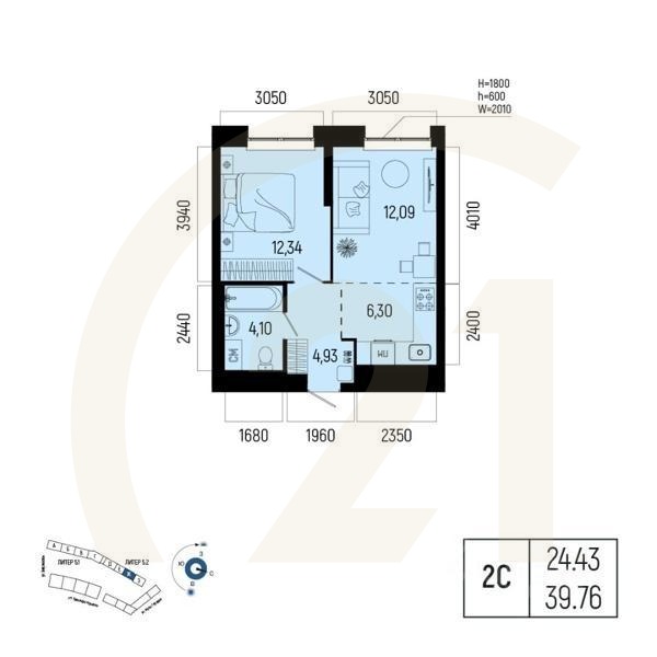 2-комн. квартира, 39,76 м²в ЖК «Новатор»