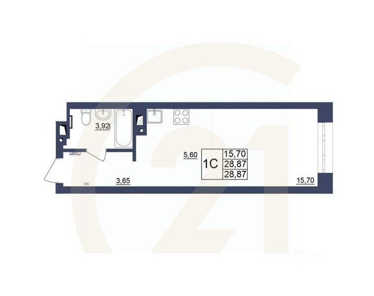 1-комн, 28,87 м²в ЖК «Космос»