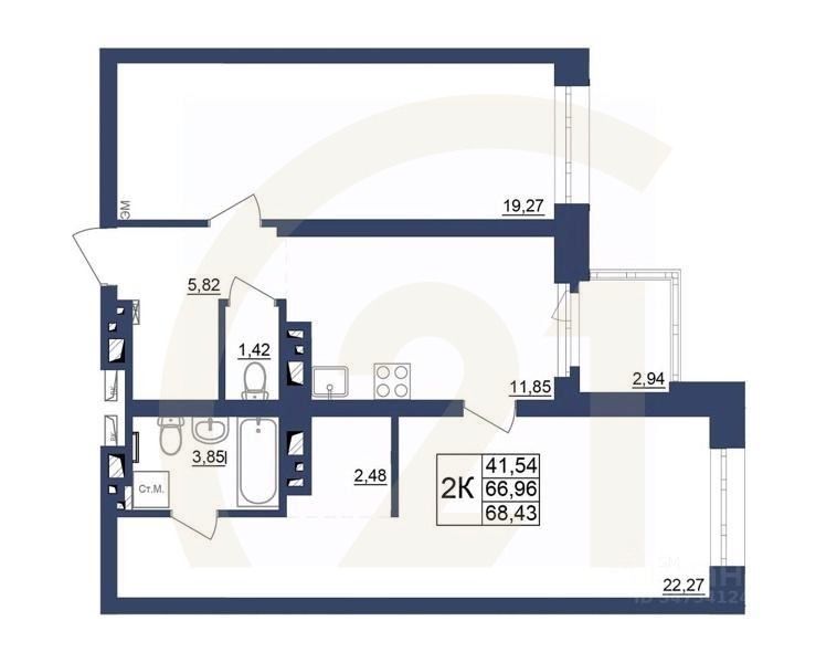 2-комн. квартира, 68,43 м²в ЖК «Космос»