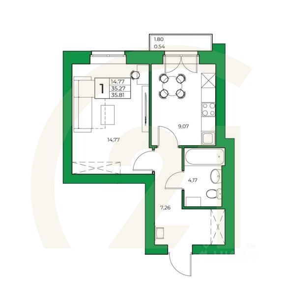 1-комн. квартира, 35,81 м²