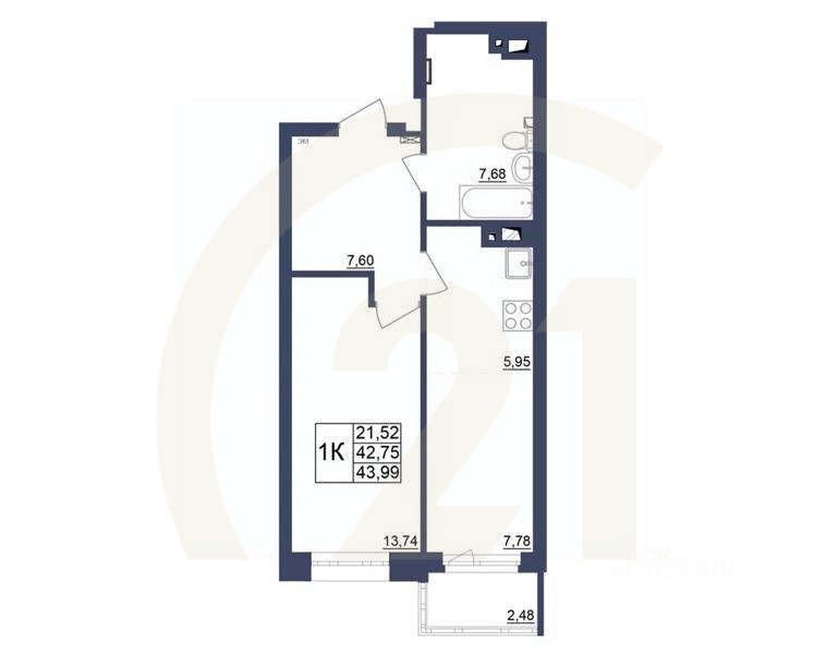 1-комн. квартира, 44,11 м²