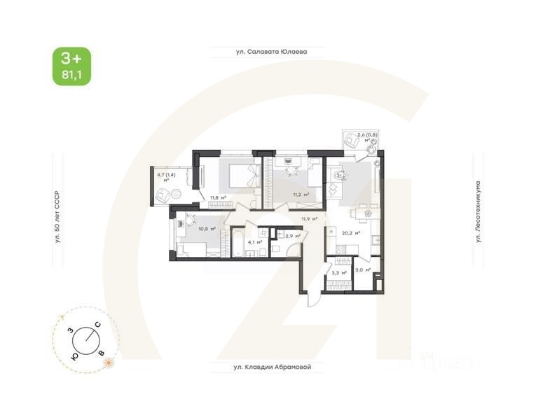 3-комн. квартира, 81,1 м²в ЖК «Бионика Парк»