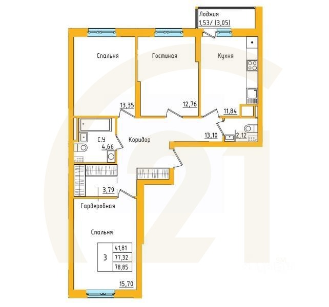 3-комн. квартира, 78,77 м²в ЖК «Акварель»