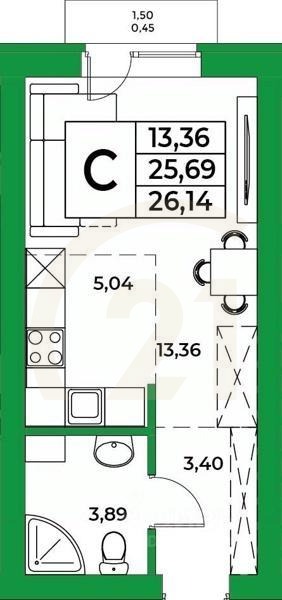 Студия, 26,14 м²