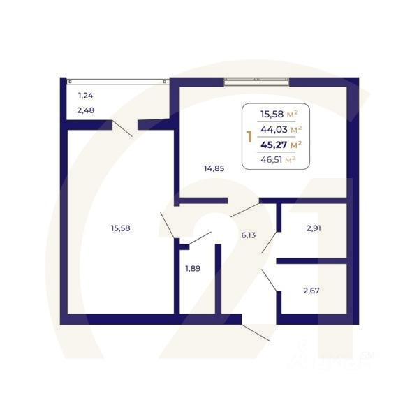 1-комн. квартира, 45,27 м²в ЖК «Паруса»