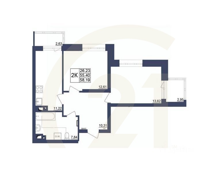 2-комн. квартира, 57,98 м²в ЖК «Космос»