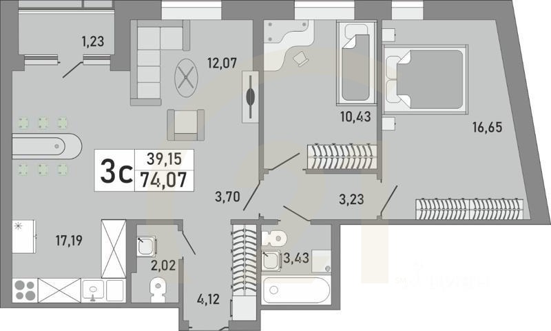 3-комн. квартира, 74,07 м²
