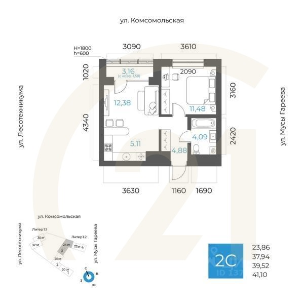 2-комн. квартира, 39,52 м²в ЖК «8 NEBO»